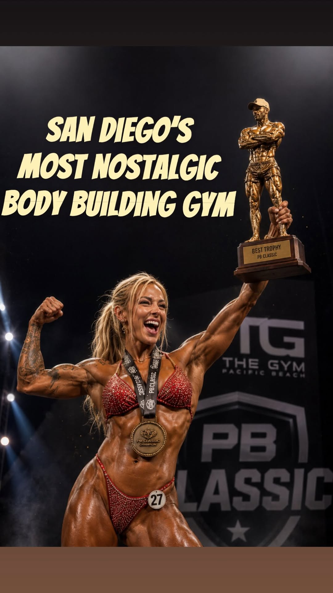 Lana celebrating on stage at a bodybuilding show