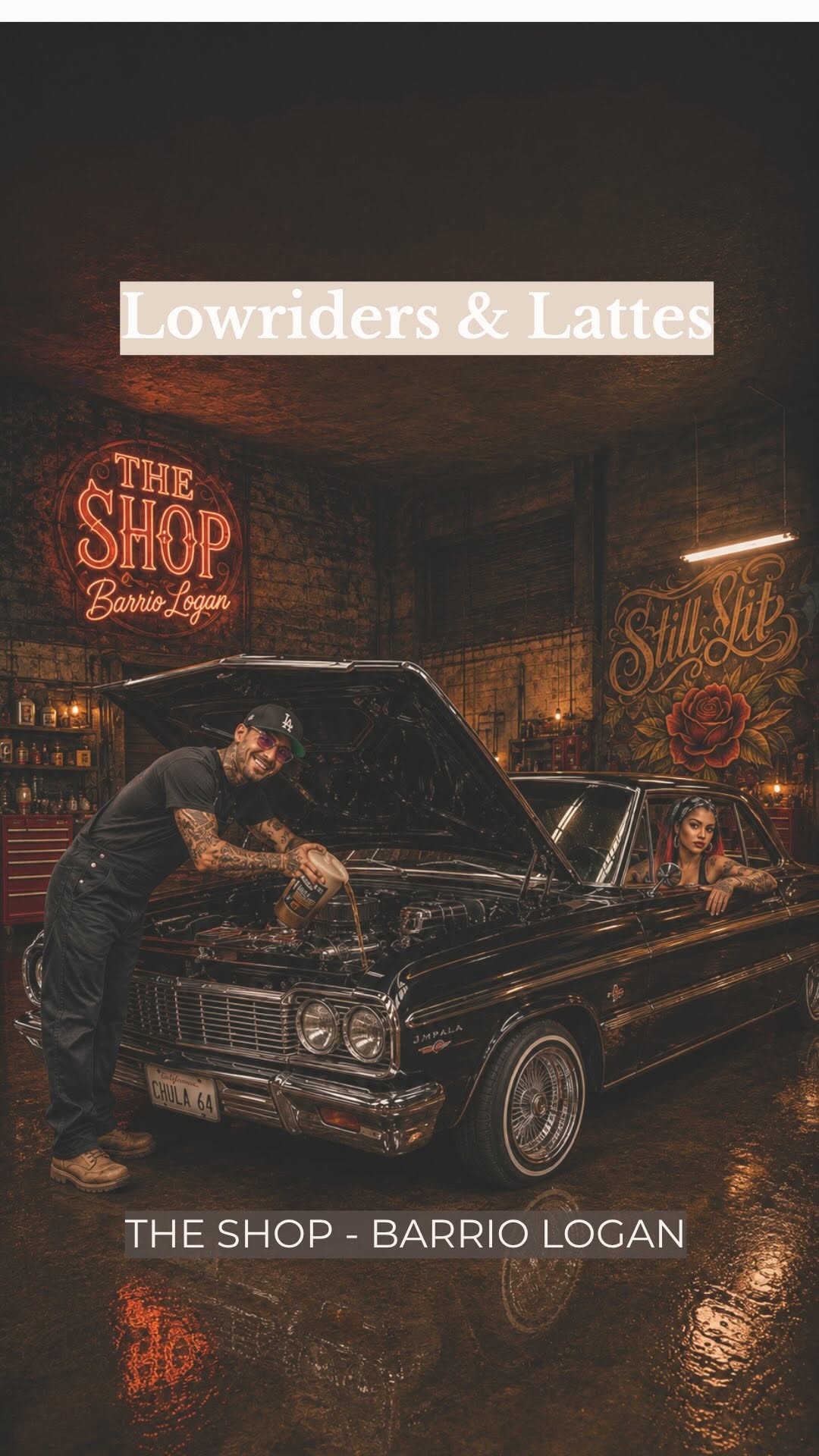 Lana and Kyle with a lowrider at The Shop Cafe